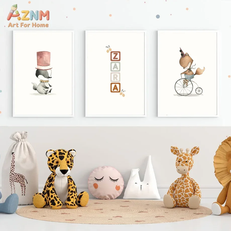 Baby Name Wall Art - AZNM โปสเตอร์ผ้าใบไร้กรอบ ภาพสีน้ำ ลายสุนัขจิ้งจอก หมาป่า นักแสดงละครสัตว์