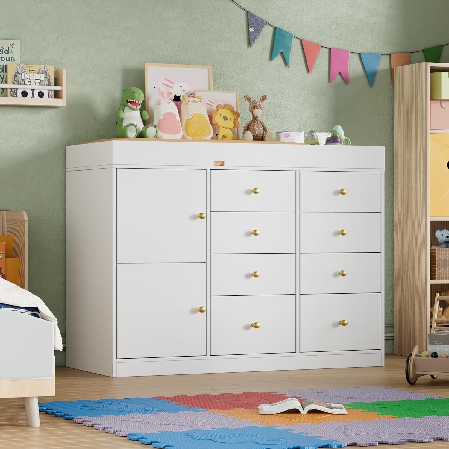 Baby Nursery Dresser - โต๊ะเปลี่ยนผ้าอ้อมเด็กแบบคลาสสิก พร้อมลิ้นชัก 8 ช่อง และตู้ 2