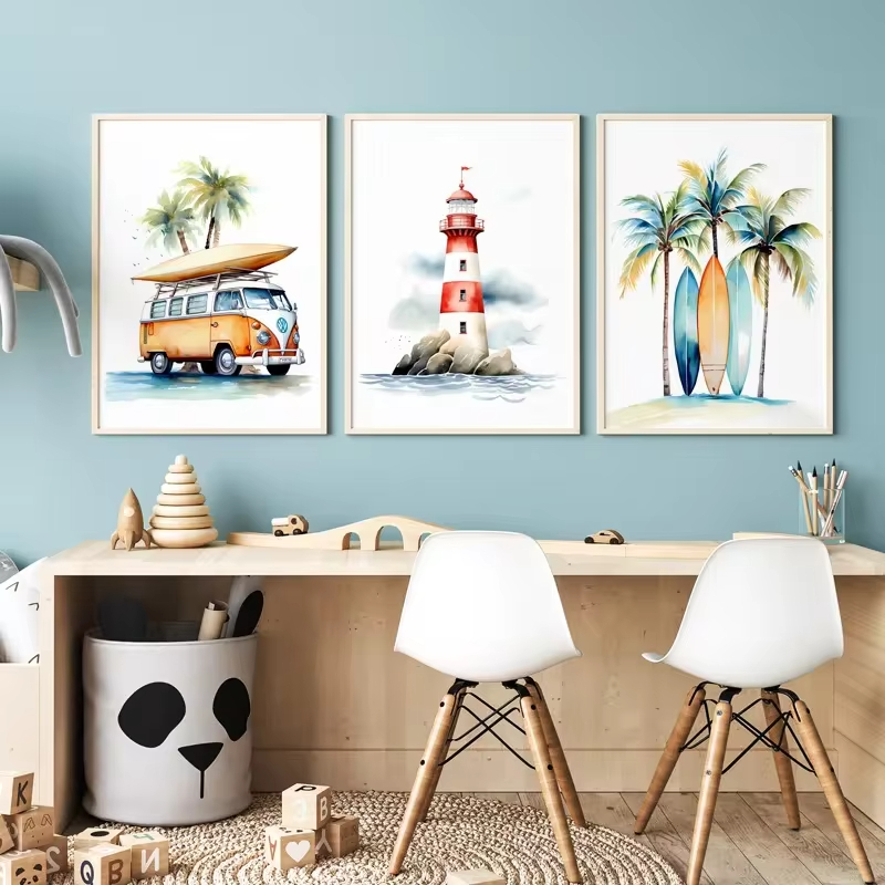 Baby Nursery Themes - สถานรับเลี้ยงเด็กลาย Surf ประภาคารชายหาดศิลปะบนผนังภาพวาดผ้าใบโปสเตอร์พิมพ์ลายชายฝั่งสำหรับเด็กห้องเด็กเล่น
