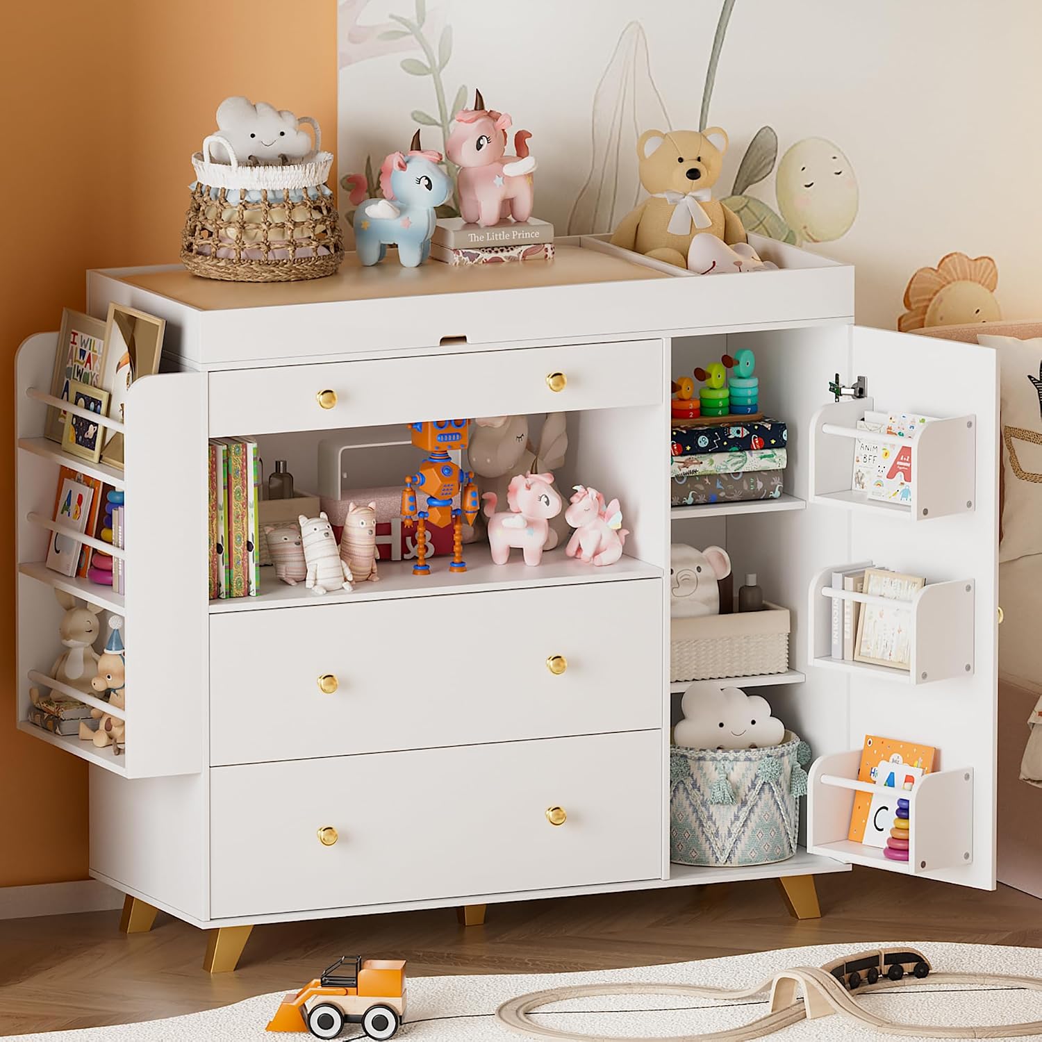 Baby Nursery Dresser - ตู้เสื้อผ้าเด็กอ่อนพร้อมโต๊ะเปลี่ยนผ้าอ้อม, สถานีเปลี่ยนผ้าอ้อมแบบทันสมัย, ตู้เสื้อผ้าสำหรับเด็กอ่อนพร้อมลิ้นชัก 3 ช่องและชั้นวางของ, ที่เก็บของ