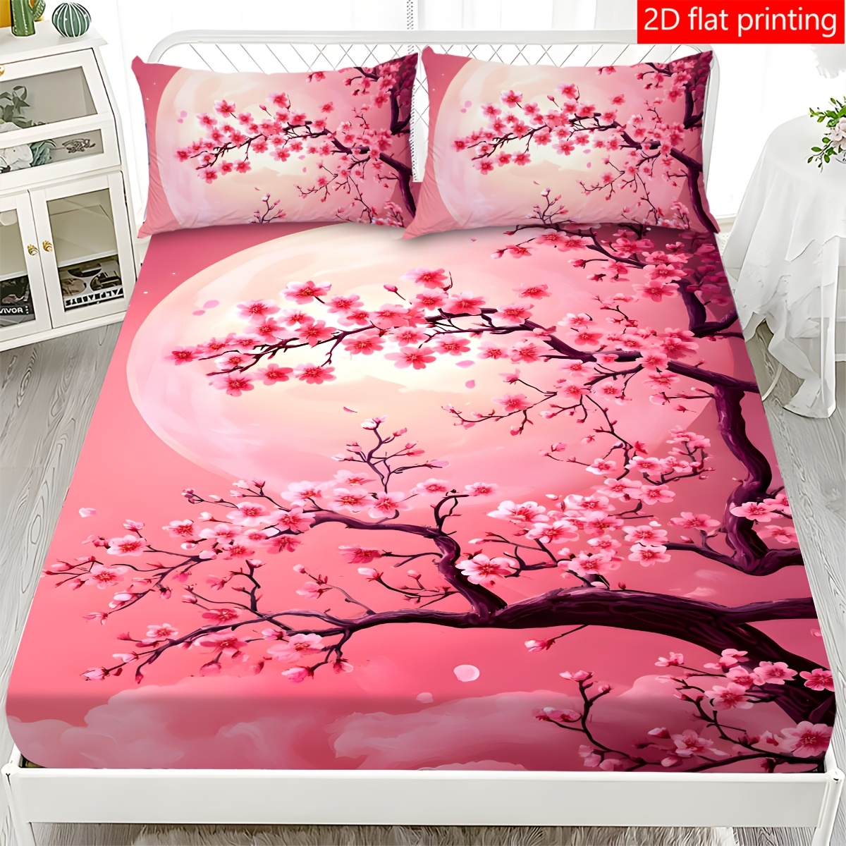Baby Nursery Themes - ผ้าปูที่นอนลายต้นซากุระสีชมพู วัสดุโพลีเอสเตอร์ระบายอากาศได้ดี (ประกอบด้วยผ้าปูที่นอนแบบรัดมุม 1 ผืน +