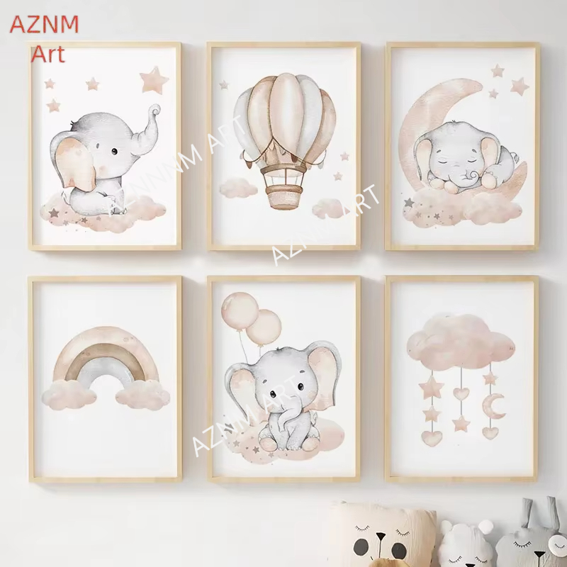Baby Nursery Home - โปสเตอร์รูปช้าง บอลลูน สายรุ้ง ดวงจันทร์ ดาว เมฆ