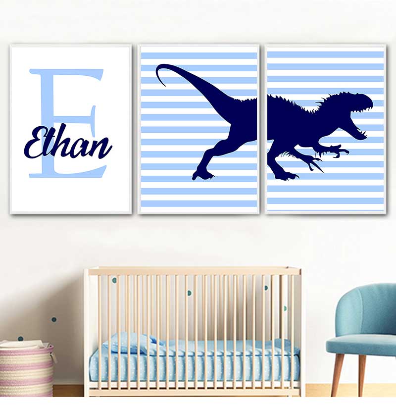 Baby Name Wall Art - ภาพวาดบนผ้าใบศิลปะ โปสเตอร์และภาพพิมพ์สไตล์นอร์ดิก ภาพติดผนังห้องเด็ก ตกแต่งห้องเด็กหญิงเด็กชาย ไดโนเสาร์ ชื่อสั่งทำได้