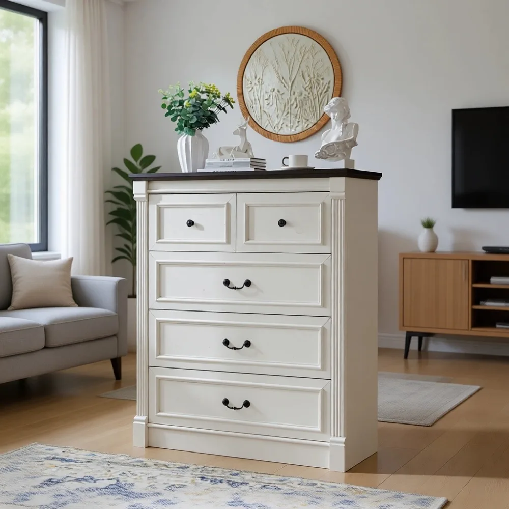 Drawer Dresser White - ตู้ลิ้นชัก 5 ชั้นสำหรับห้องนอน ดีไซน์เสาโรมัน ตู้เก็บของสูง 46