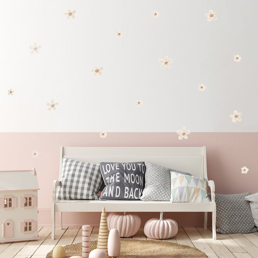 Baby Nursery Decals - Boho สีทึบดอกไม้เนอสเซอรี่สติ๊กเกอร์ติดผนังเด็กที่ถอดออกได้ DIY รูปลอกผนังสําหรับห้องเด็กห้องนั่งเล่นภายในบ้านตกแต่ง