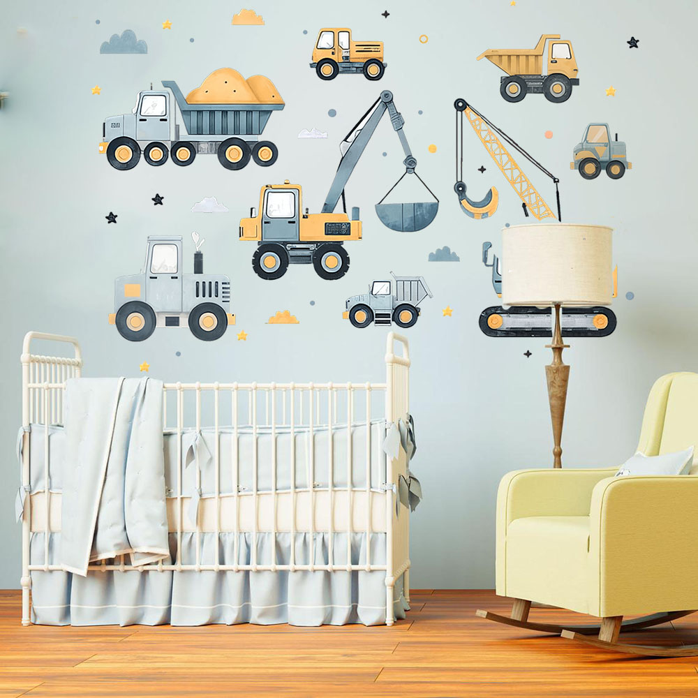 Baby Nursery Decals - การ์ตูนรถขุดยานพาหนะชุดสติ๊กเกอร์ติดผนังรถห้องเด็กเล่นก่อสร้างอาคารรถบรรทุกเครนรูปลอกผนังสําหรับตกแต่งห้องเด็ก