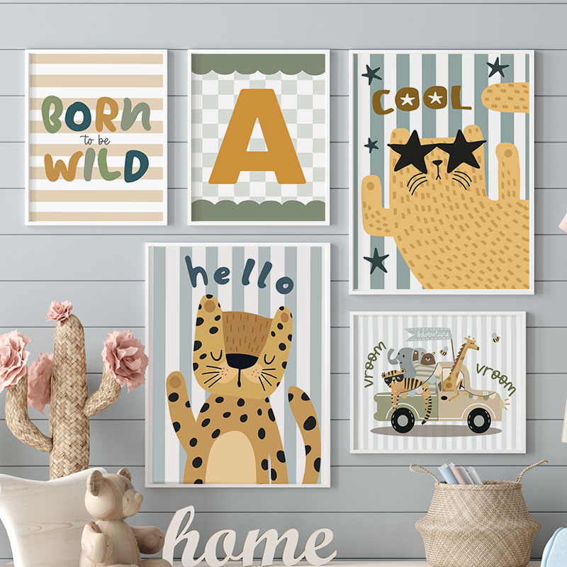Baby Name Wall Art - ภาพพิมพ์บนผ้าใบลายเสือ ลายสิงโต ลายยีราฟ น่ารักๆ สำหรับตกแต่งห้องเด็ก พร้อมชื่อเด็ก