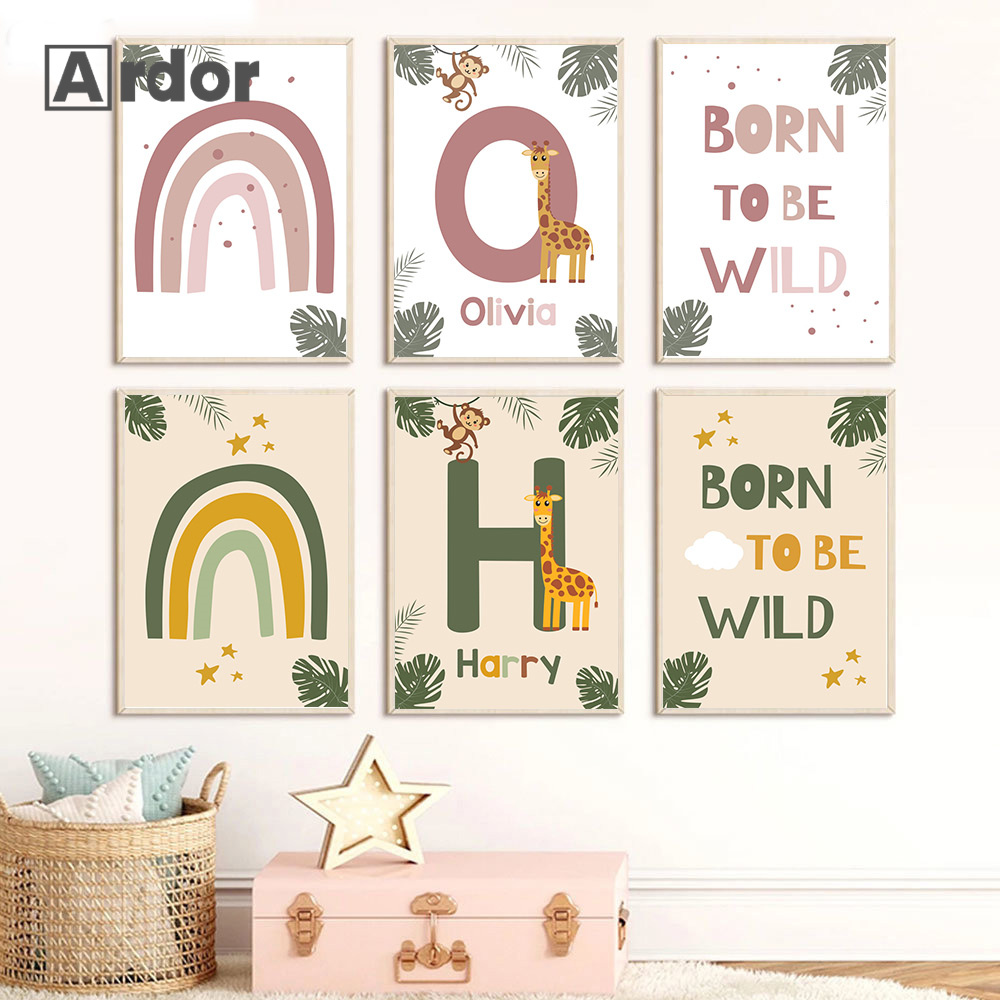 Baby Name Wall Art - Nordic สัตว์ป่าโปสเตอร์ที่กําหนดเองชื่อภาพวาดผ้าใบ Rainbow Wall Art พิมพ์เนอสเซอรี่ภาพโปสเตอร์สําหรับเด็กทารกตกแต่งห้อง