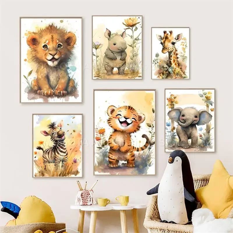 Baby Zebra Nursery - ภาพวาดสีน้ำ ลายสิงโต ยีราฟ เสือ ช้าง ม้าลาย