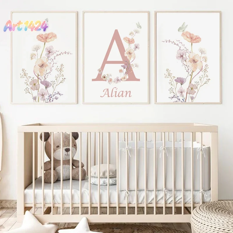 Baby Name Wall Art - ภาพตกแต่งห้องเด็กผู้หญิงลายดอกไม้สีชมพู พร้อมชื่อส่วนตัว ภาพโปสเตอร์ตกแต่งบ้าน ภาพวาดบนผ้าแคนวาสสำหรับตกแต่งผนังห้องนอนเด็ก