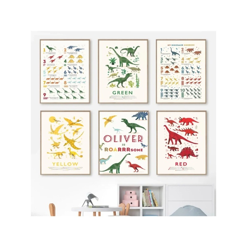 Baby Name Wall Art - ตัวเลขไดโนเสาร์ ของเล่นเสริมพัฒนาการ ตัวอักษร ABC ภาพพิมพ์บนผ้าใบ ศิลปะติดผนัง