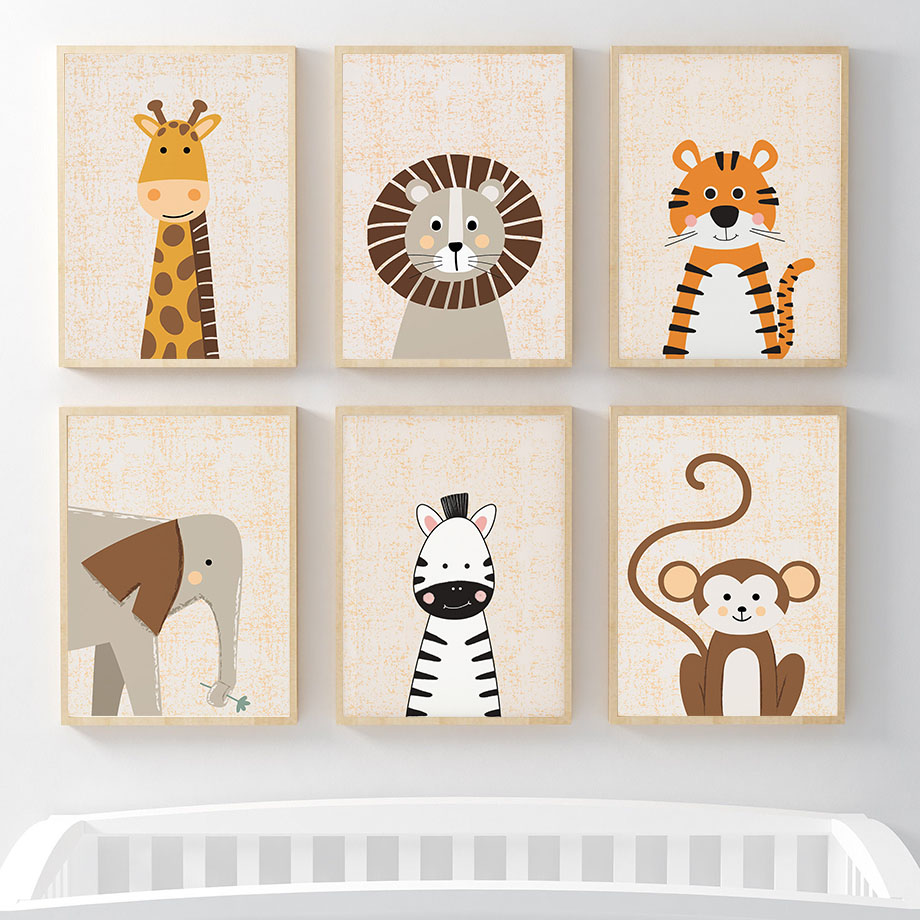 Baby Name Wall Art - ภาพวาดบนผ้าใบลายสิงโต ยีราฟ ช้าง ม้าลาย ลิง สำหรับตกแต่งผนังห้องเด็ก