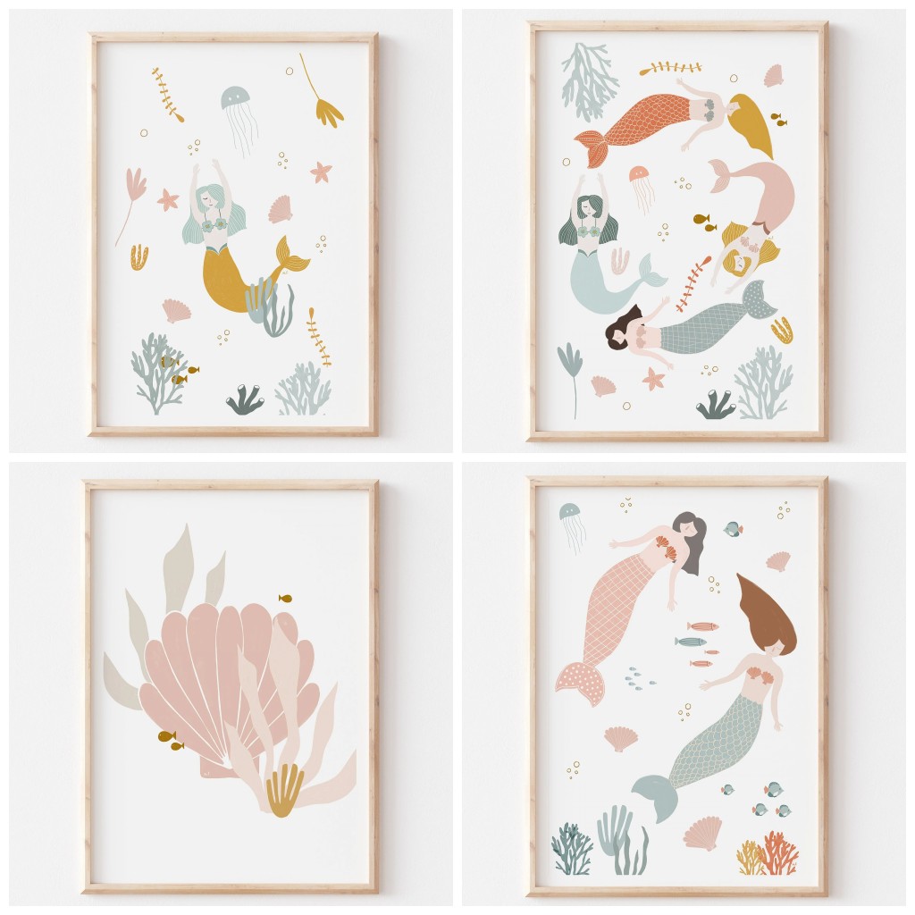 Baby Nursery Themes - ภาพพิมพ์ตกแต่งผนังธีมมหาสมุทรสไตล์โบโฮ สีชมพู ลายเปลือกหอย โปสเตอร์ภาพวาดบนผ้าใบ ลายนางเงือก สำหรับตกแต่งห้องเด็กผู้หญิง