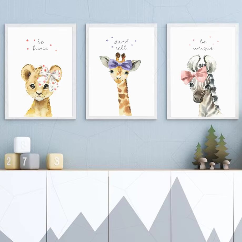 Baby Zebra Nursery - สิงโตม้าลายยีราฟช้าง Hippo ดอกไม้ Nursery Wall Art