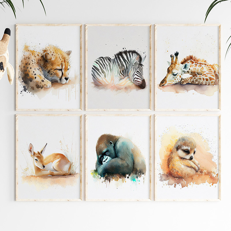 Baby Zebra Nursery - โปสเตอร์ภาพวาดสัตว์ซาฟารีสีน้ำ สำหรับตกแต่งผนังห้องนอนเด็ก ห้องเด็กอ่อน ลายเสือชีตาห์ ม้าลาย ยีราฟ