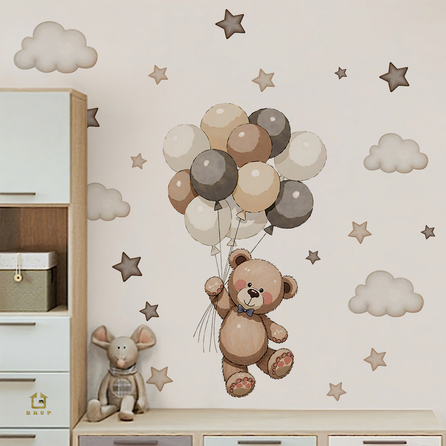 Baby Nursery Wall - สติ๊กเกอร์ติดผนังรูปหมีเท็ดดี้ที่น่ารัก ของตกแต่งแบบถอดได้พร้อมลูกโป่ง ดาว และเมฆ สำหรับห้องนอนเด็ก ห้องเล่น