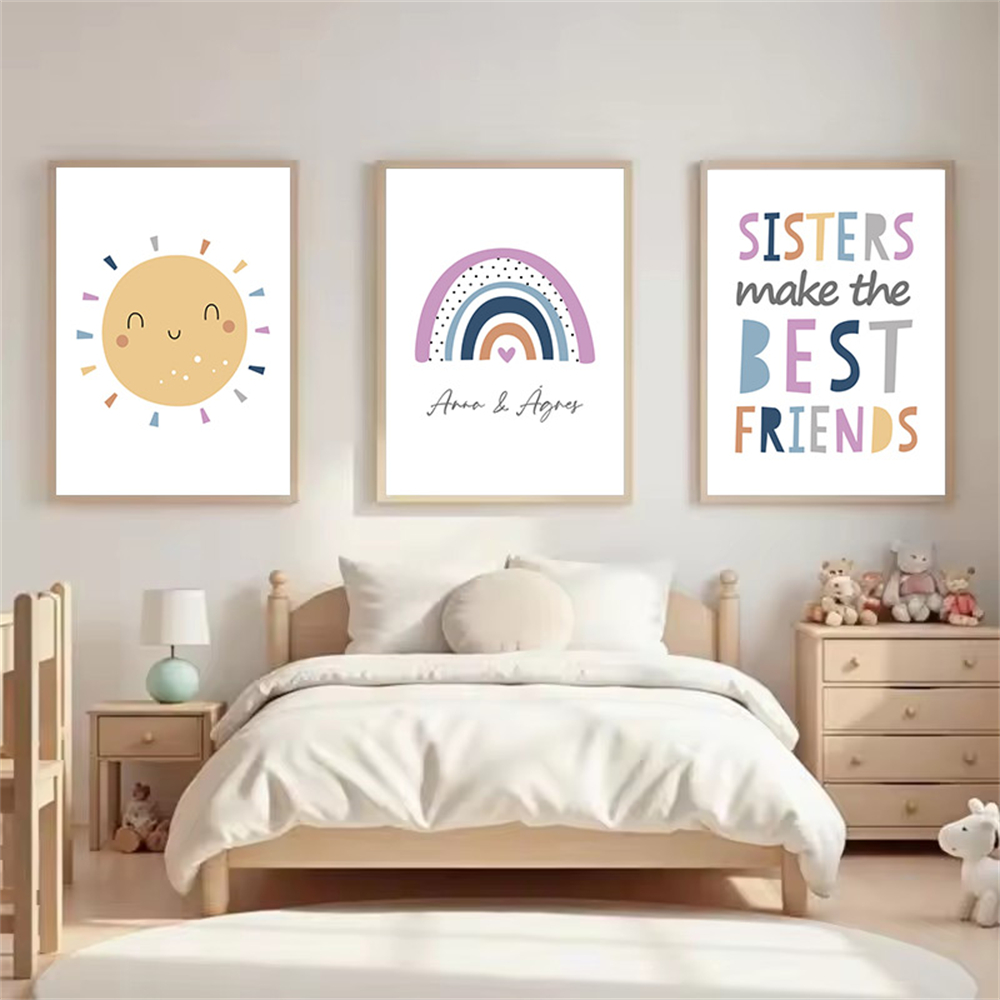 Baby Name Wall Art - โปสเตอร์ชื่อสั่งทำ การ์ตูนพระอาทิตย์ สายรุ้ง ภาพวาดบนผ้าใบ พี่สาวน้องสาวเป็นเพื่อนที่ดีที่สุด ภาพพิมพ์ติดผนังห้องเด็ก