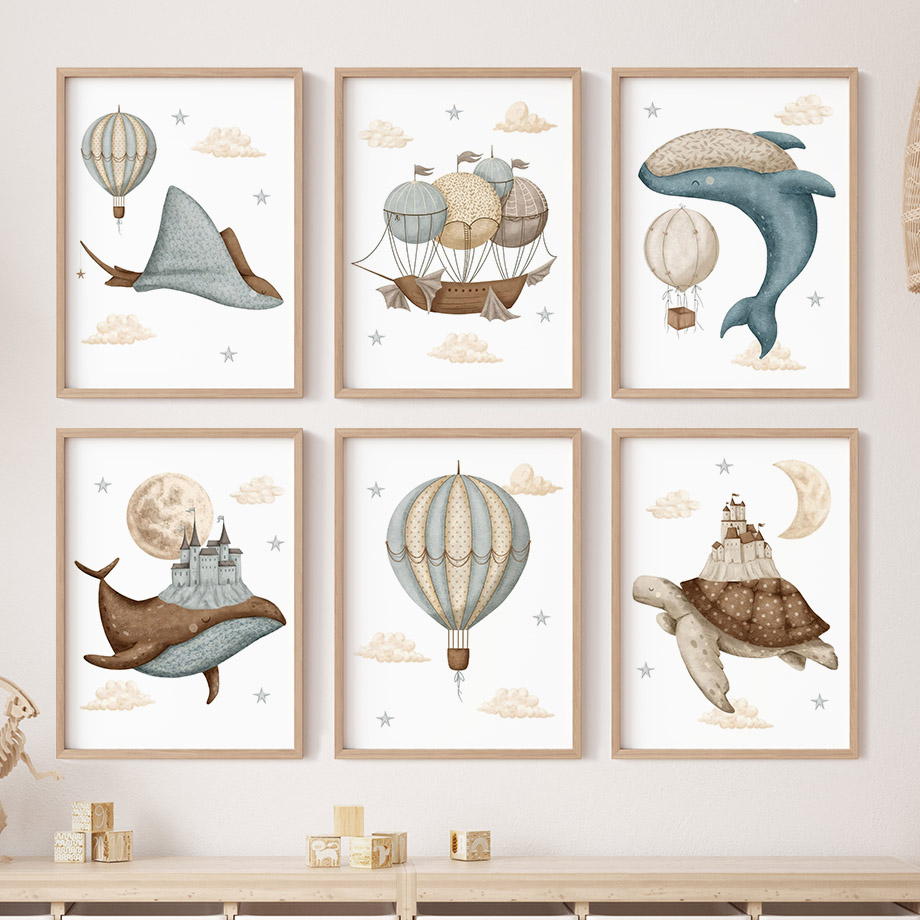Baby Nursery Home - ภาพวาดวาดรูปวาฬ เต่า ปราสาท บอลลูน สไตล์นอร์ดิก สำหรับตกแต่งผนังห้องเด็ก
