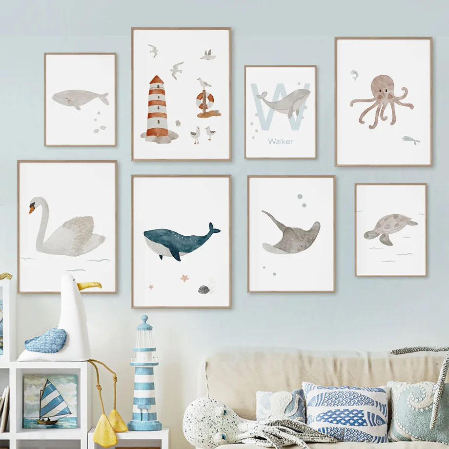 Baby Name Wall Art - Custom ชื่อปลาวาฬ Octopus เต่า Swan สัตว์ทะเล