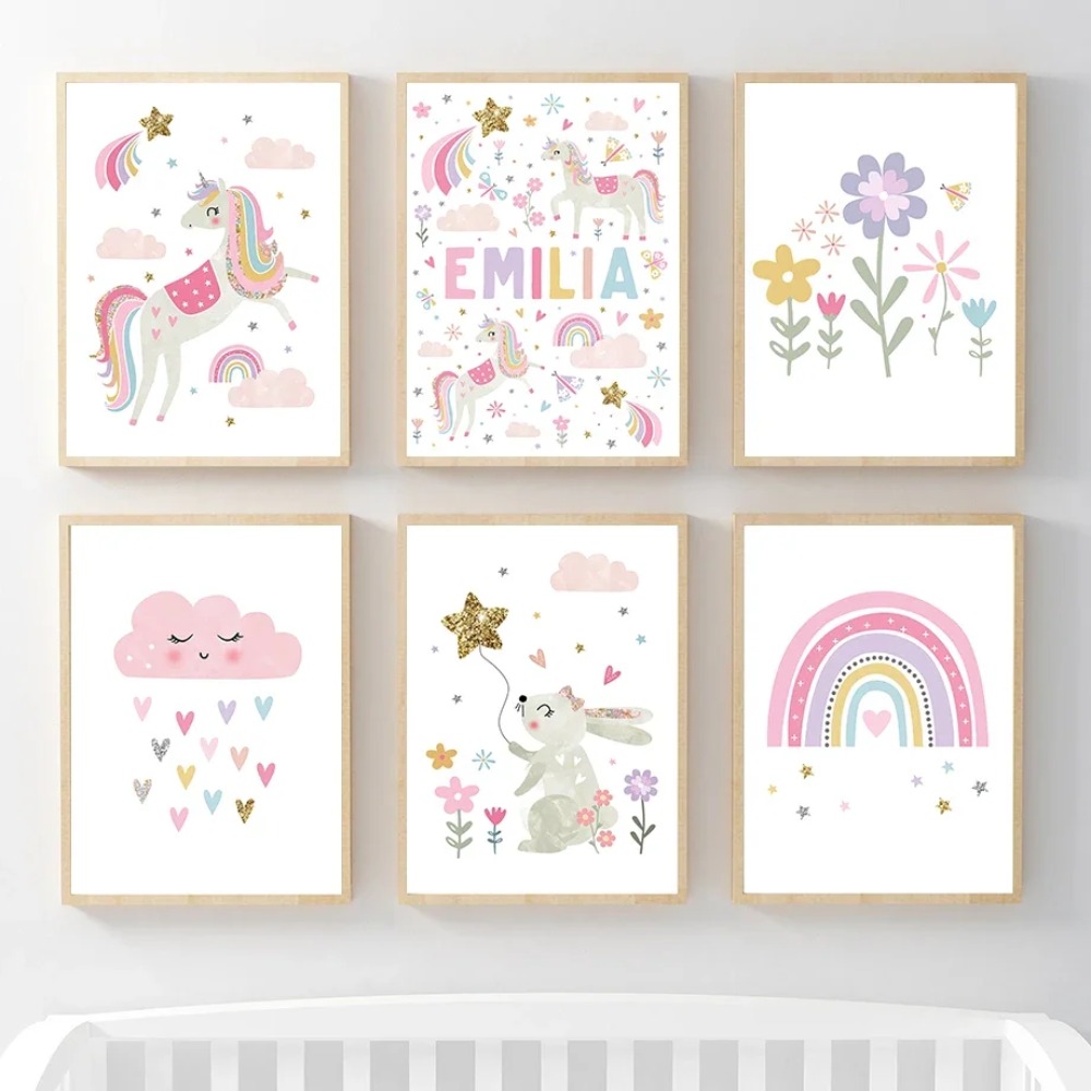 สีชมพูยูนิคอร์นกระต่ายสายรุ้งเ - Baby Name Wall Art บทวิจารณ์และราคา