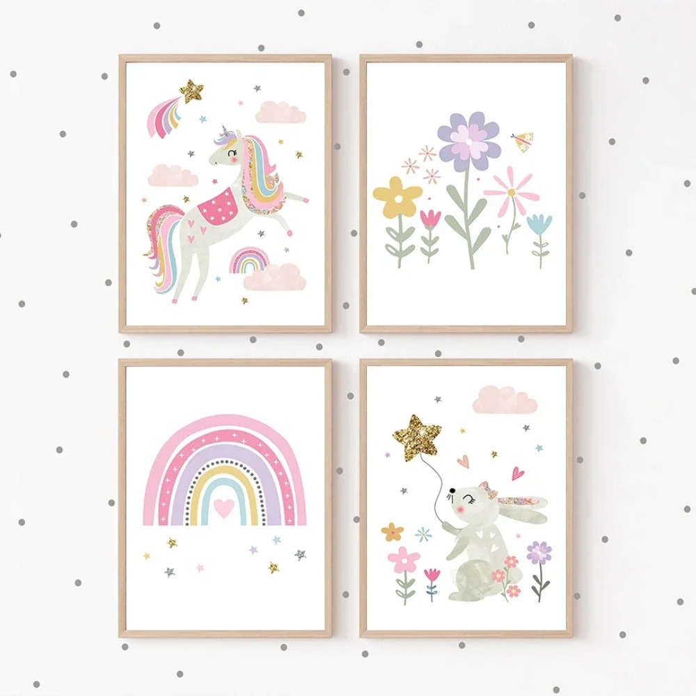 สีชมพูยูนิคอร์นกระต่ายสายรุ้งเ - Baby Name Wall Art บทวิจารณ์และราคา